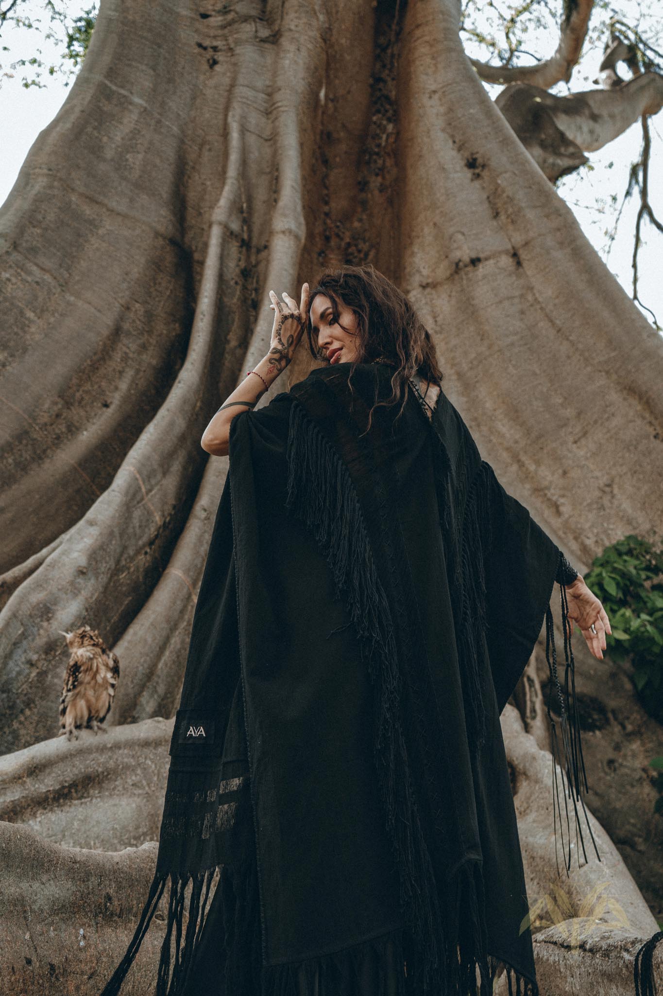Black Boho Poncho • Long Poncho Robe Cardigan • Bridal Cover Up Cardigan - AYA Sacred Wear