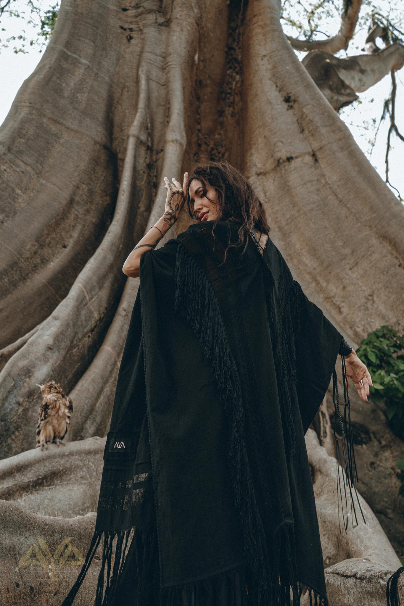 Black Boho Poncho • Long Poncho Robe Cardigan • Bridal Cover Up Cardigan - AYA Sacred Wear