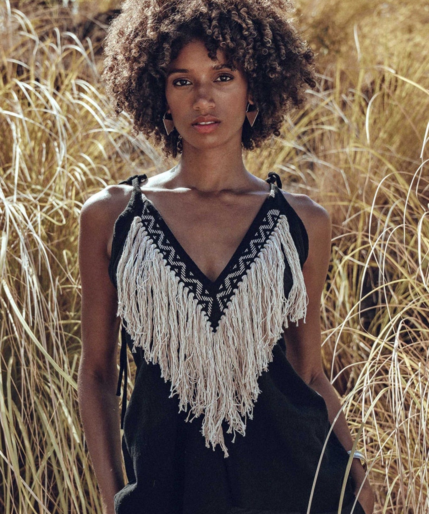 Black Boho Tunic Top with Tassels and Hand Embroidery - AYA Sacred Wear