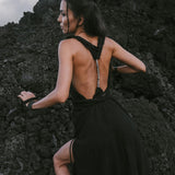 Black Casual Dream Wrap Dress Open Back High Slit Dress - AYA Sacred Wear