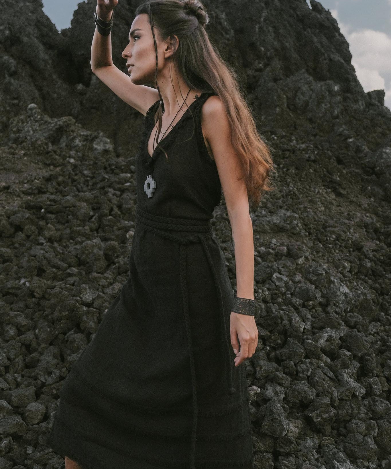 Black Casual Dream Wrap Dress Open Back High Slit Dress - AYA Sacred Wear