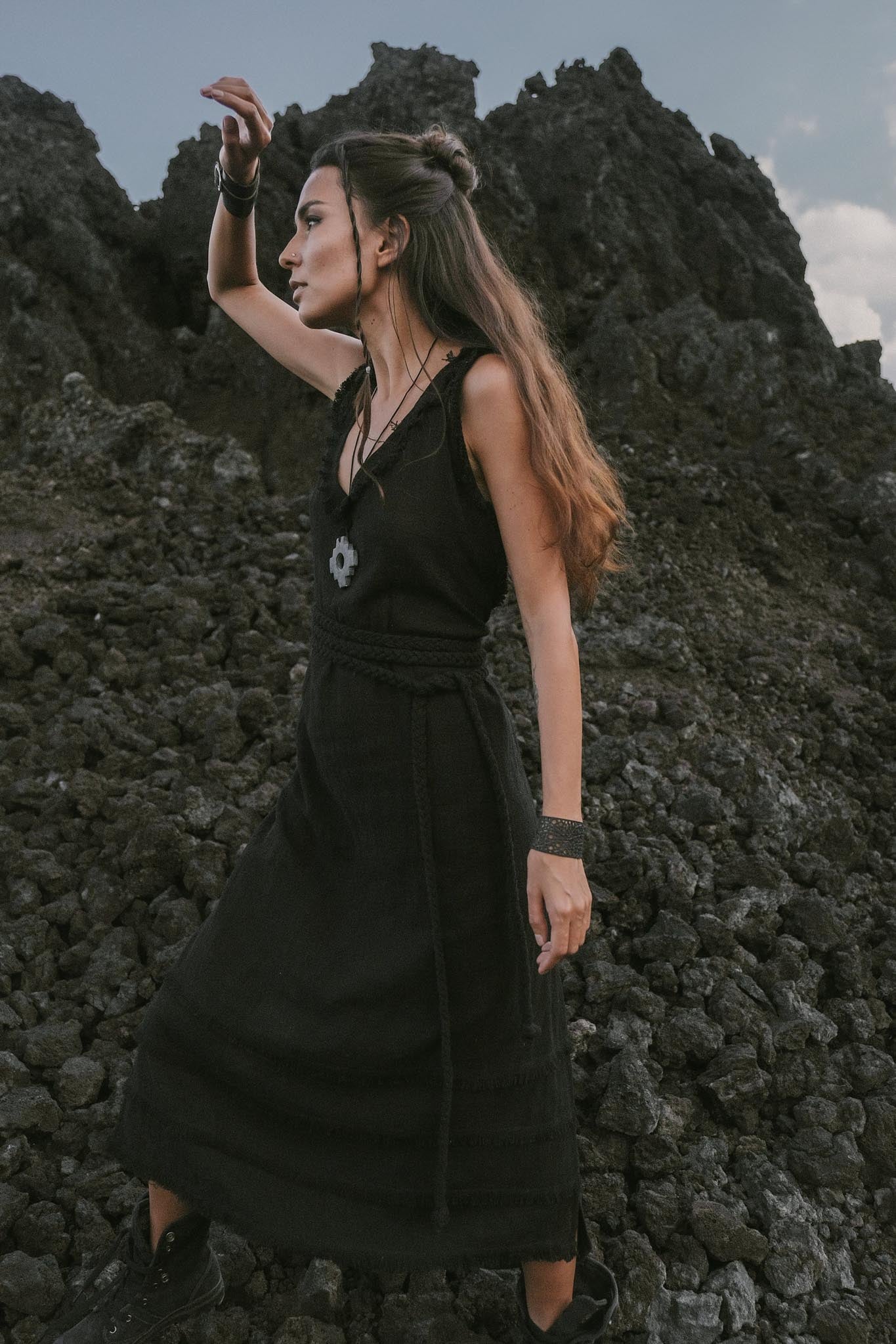Black Casual Dream Wrap Dress Open Back High Slit Dress - AYA Sacred Wear