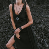 Black Casual Dream Wrap Dress Open Back High Slit Dress - AYA Sacred Wear