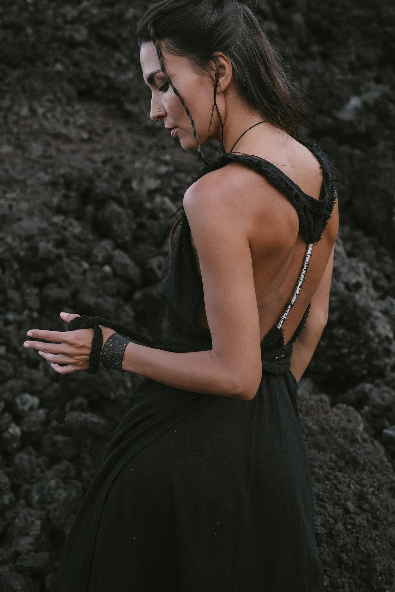 Black Casual Dream Wrap Dress Open Back High Slit Dress - AYA Sacred Wear