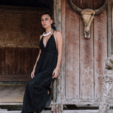 Black Cotton Boho Maxi Dress with Hand Loomed Tassels - AYA Sacred Wear