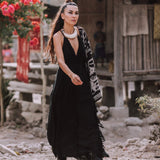 Black Cotton Boho Maxi Dress with Hand Loomed Tassels - AYA Sacred Wear