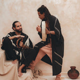 Black Hand Embroidered Tribal Kimono Overcoat for Men - AYA Sacred Wear