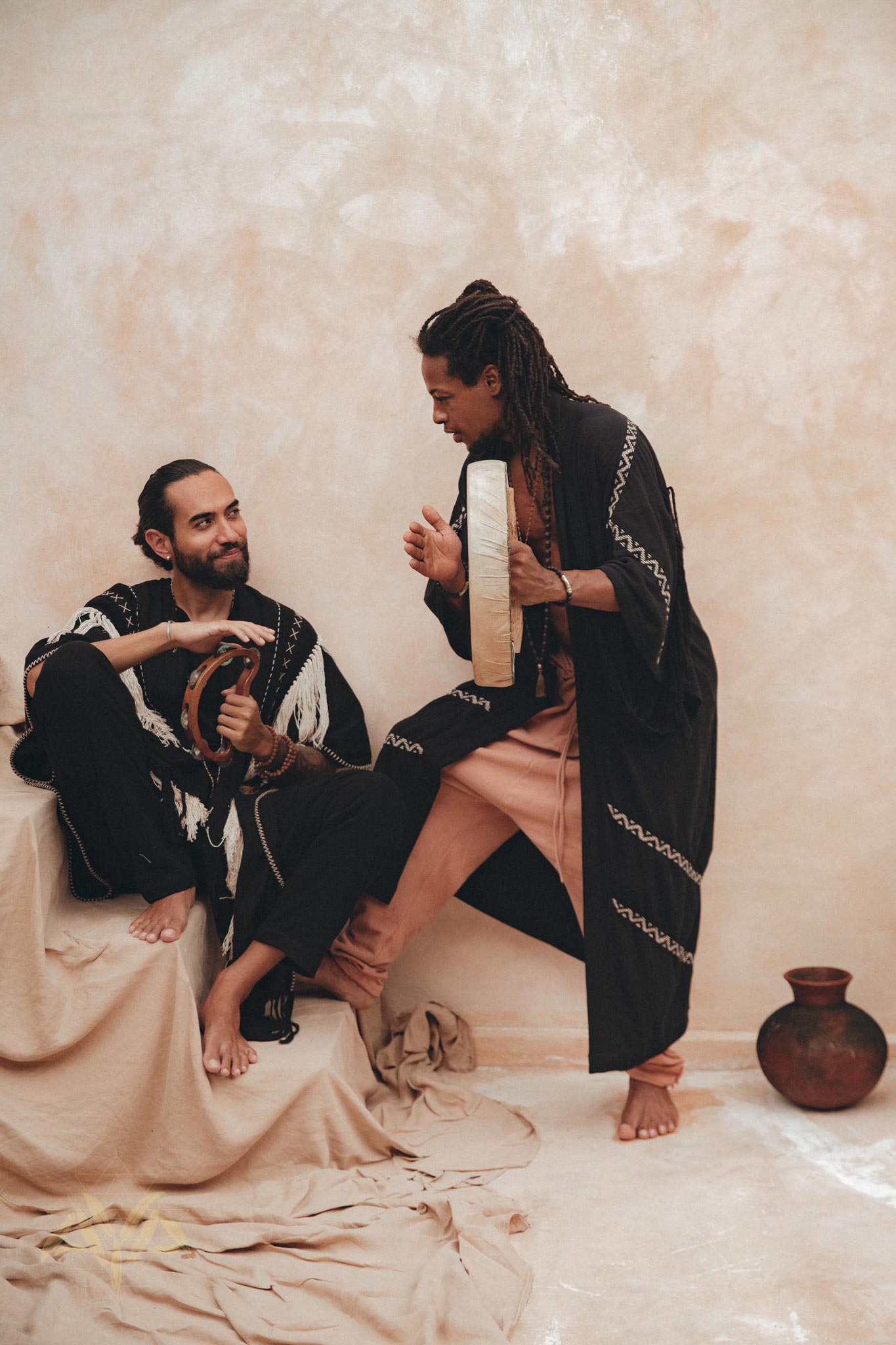 Black Hand Embroidered Tribal Kimono Overcoat for Men - AYA Sacred Wear