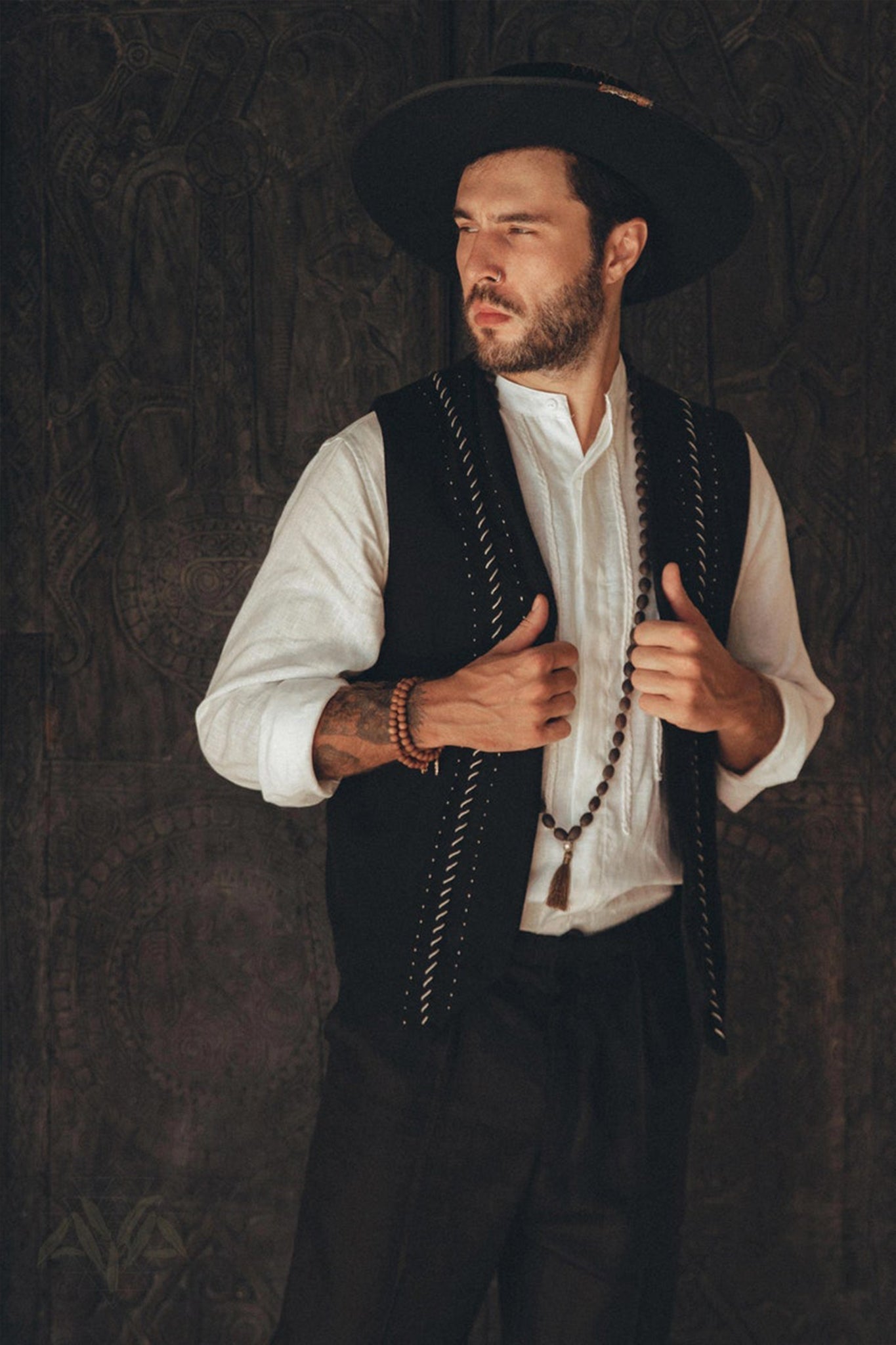 Black Hand Embroidered Vest for Men - AYA Sacred Wear