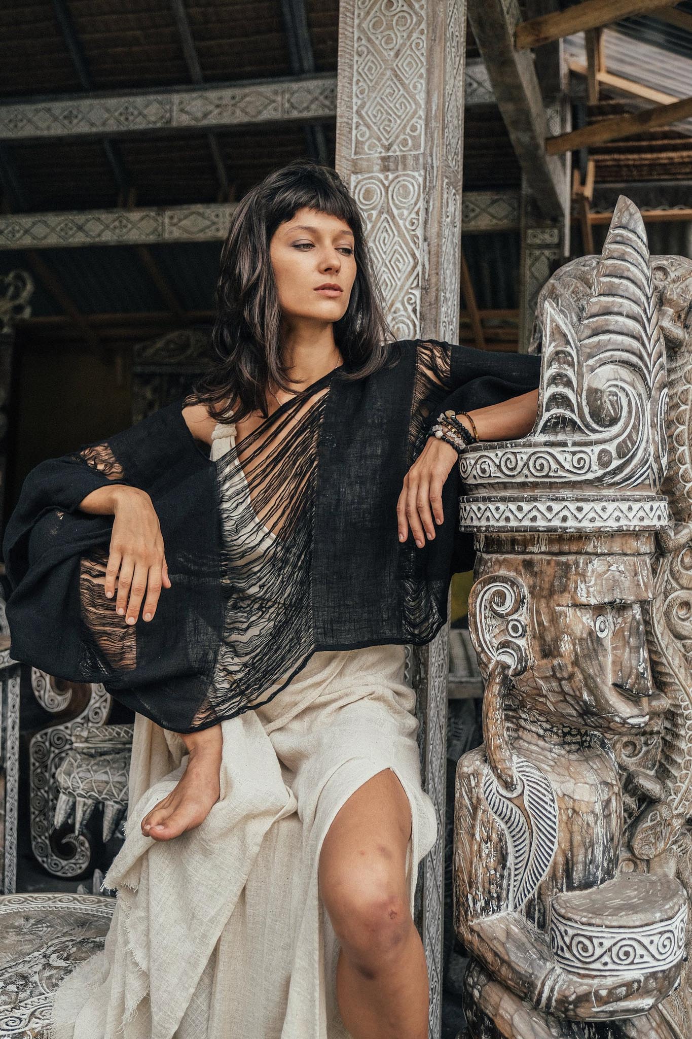 Black Hand Loomed Raw Cotton Top Bohemian Tribal Clothing - AYA Sacred Wear