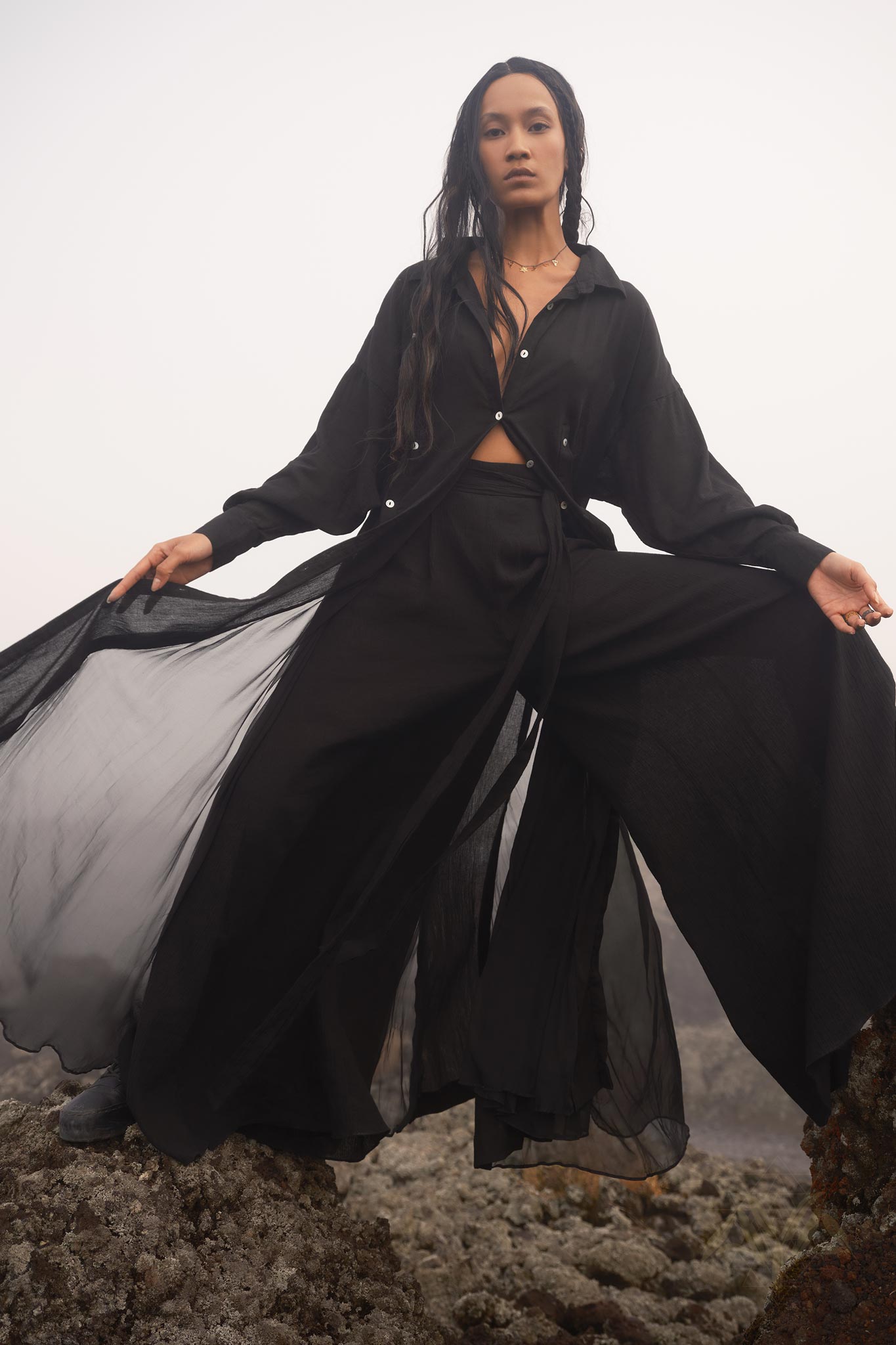 Black Kannika Shirt Dress • Black Gothic Cover Up Dress • Long Sleeves Shirt Dress - AYA Sacred Wear
