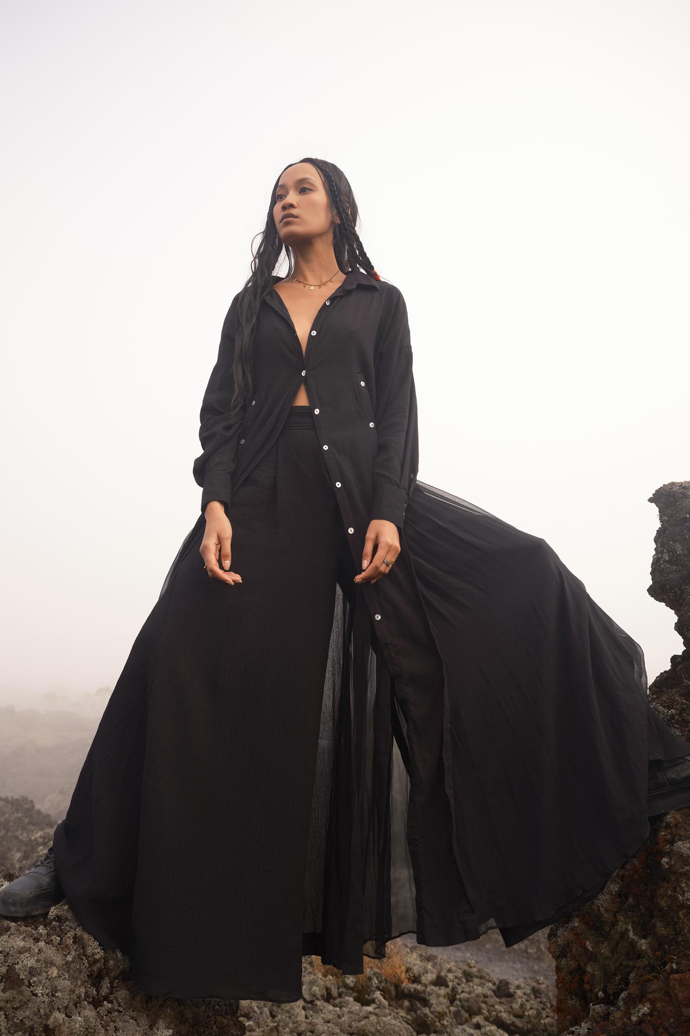 Black Kannika Shirt Dress • Black Gothic Cover Up Dress • Long Sleeves Shirt Dress - AYA Sacred Wear