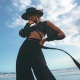 Black Open Shoulders set • Boho Crop Top and Pants • Goth Adjustable Set - AYA Sacred Wear