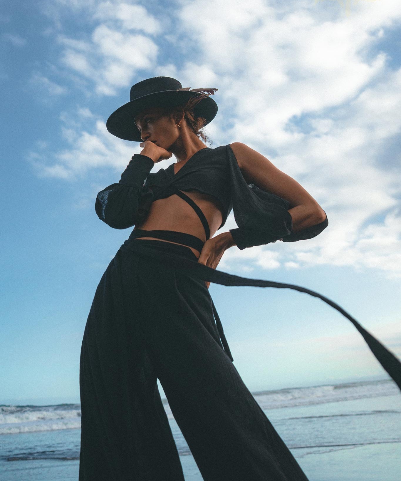 Black Open Shoulders set • Boho Crop Top and Pants • Goth Adjustable Set - AYA Sacred Wear