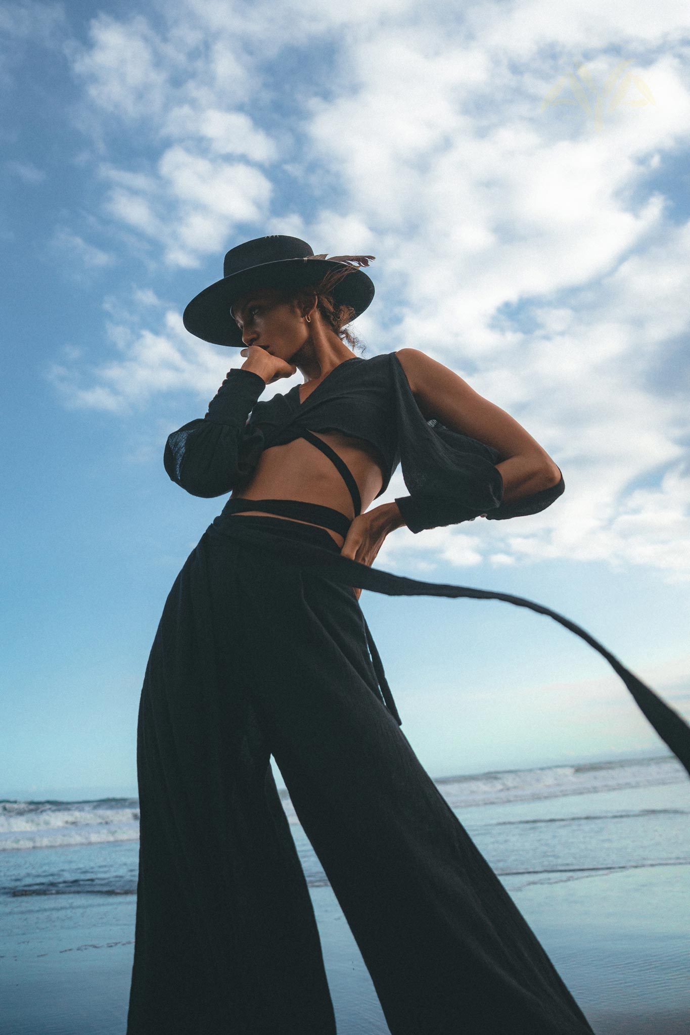 Black Open Shoulders set • Boho Crop Top and Pants • Goth Adjustable Set - AYA Sacred Wear