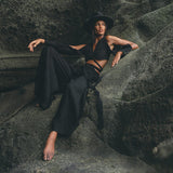 Black Open Shoulders set • Boho Crop Top and Pants • Goth Adjustable Set - AYA Sacred Wear