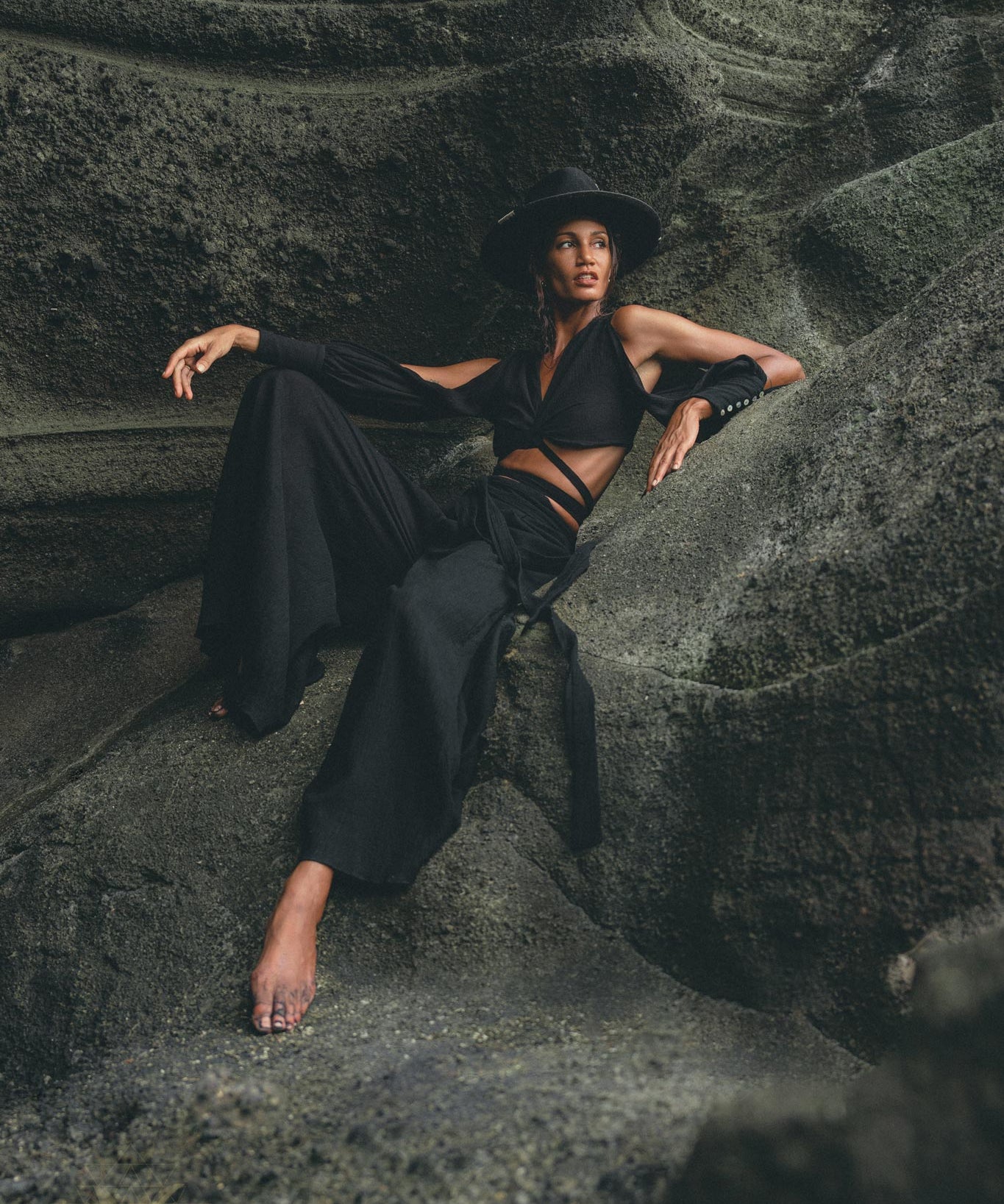 Black Open Shoulders set • Boho Crop Top and Pants • Goth Adjustable Set - AYA Sacred Wear