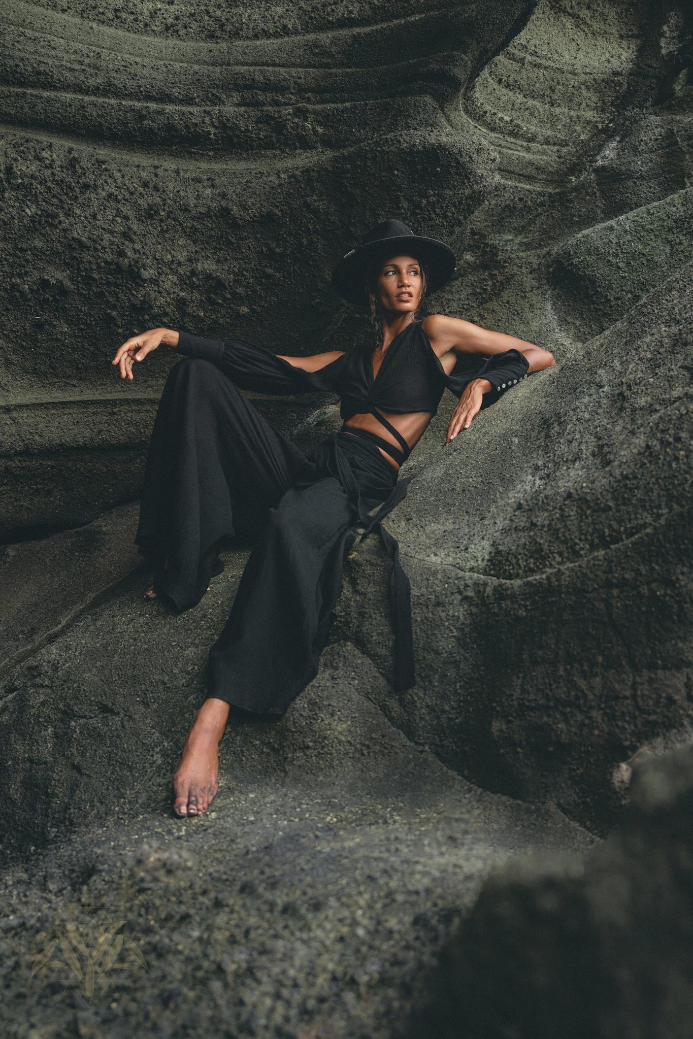 Black Open Shoulders set • Boho Crop Top and Pants • Goth Adjustable Set - AYA Sacred Wear