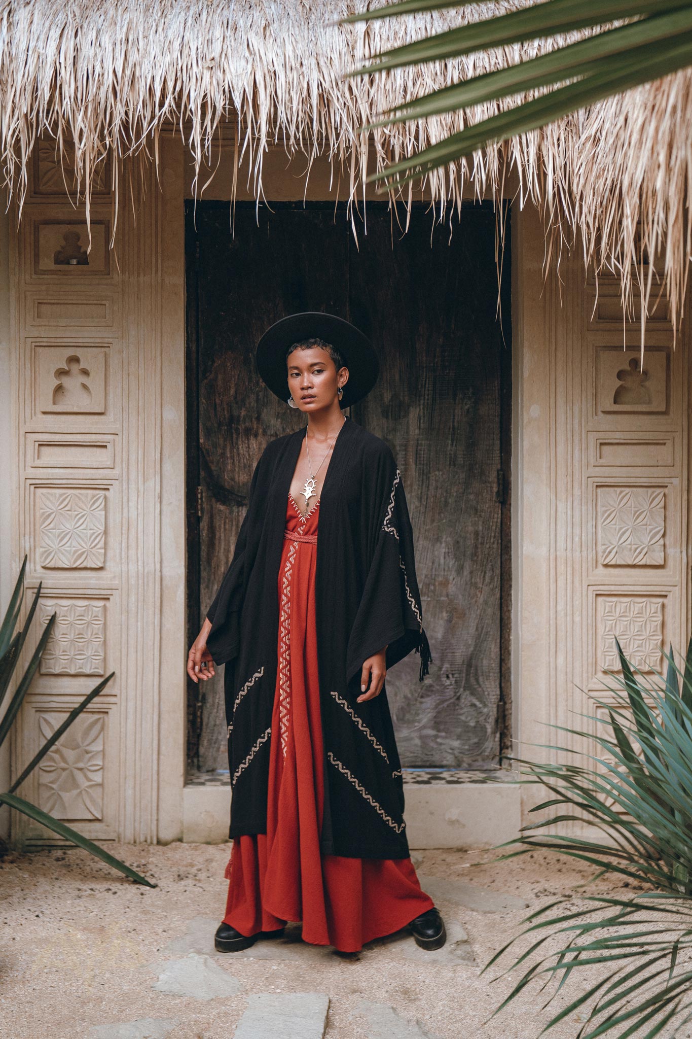Black Organic Poncho • Tribal Cotton Robe • Hand Embroidered Overcoat - AYA Sacred Wear