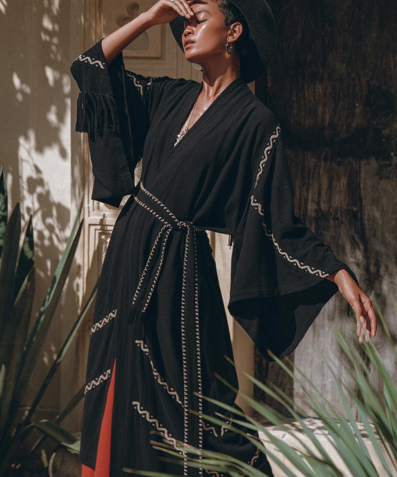 Black Organic Poncho • Tribal Cotton Robe • Hand Embroidered Overcoat - AYA Sacred Wear