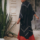 Black Organic Poncho • Tribal Cotton Robe • Hand Embroidered Overcoat - AYA Sacred Wear