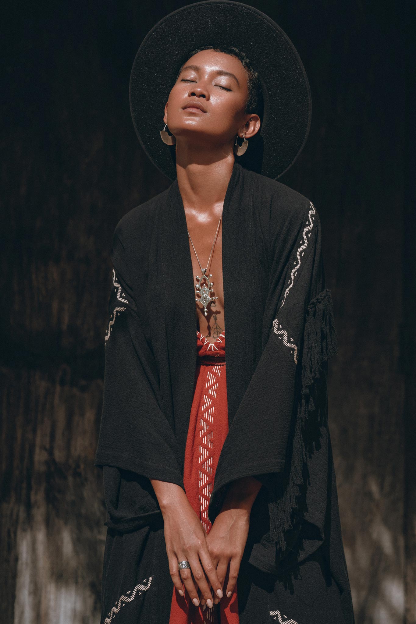 Black Organic Poncho • Tribal Cotton Robe • Hand Embroidered Overcoat - AYA Sacred Wear