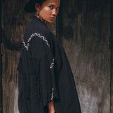 Black Organic Poncho • Tribal Cotton Robe • Hand Embroidered Overcoat - AYA Sacred Wear
