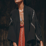 Black Organic Poncho • Tribal Cotton Robe • Hand Embroidered Overcoat - AYA Sacred Wear