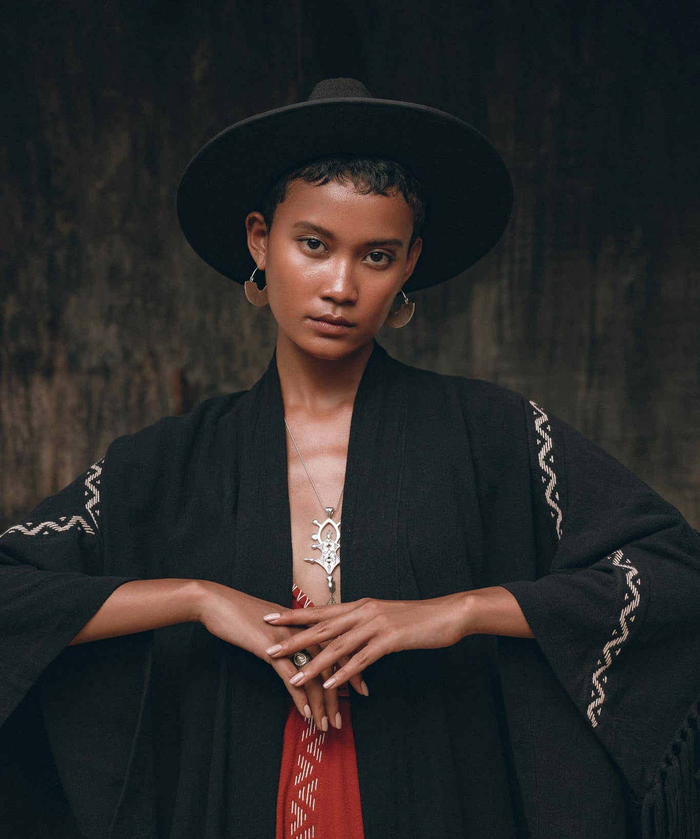 Black Organic Poncho • Tribal Cotton Robe • Hand Embroidered Overcoat - AYA Sacred Wear