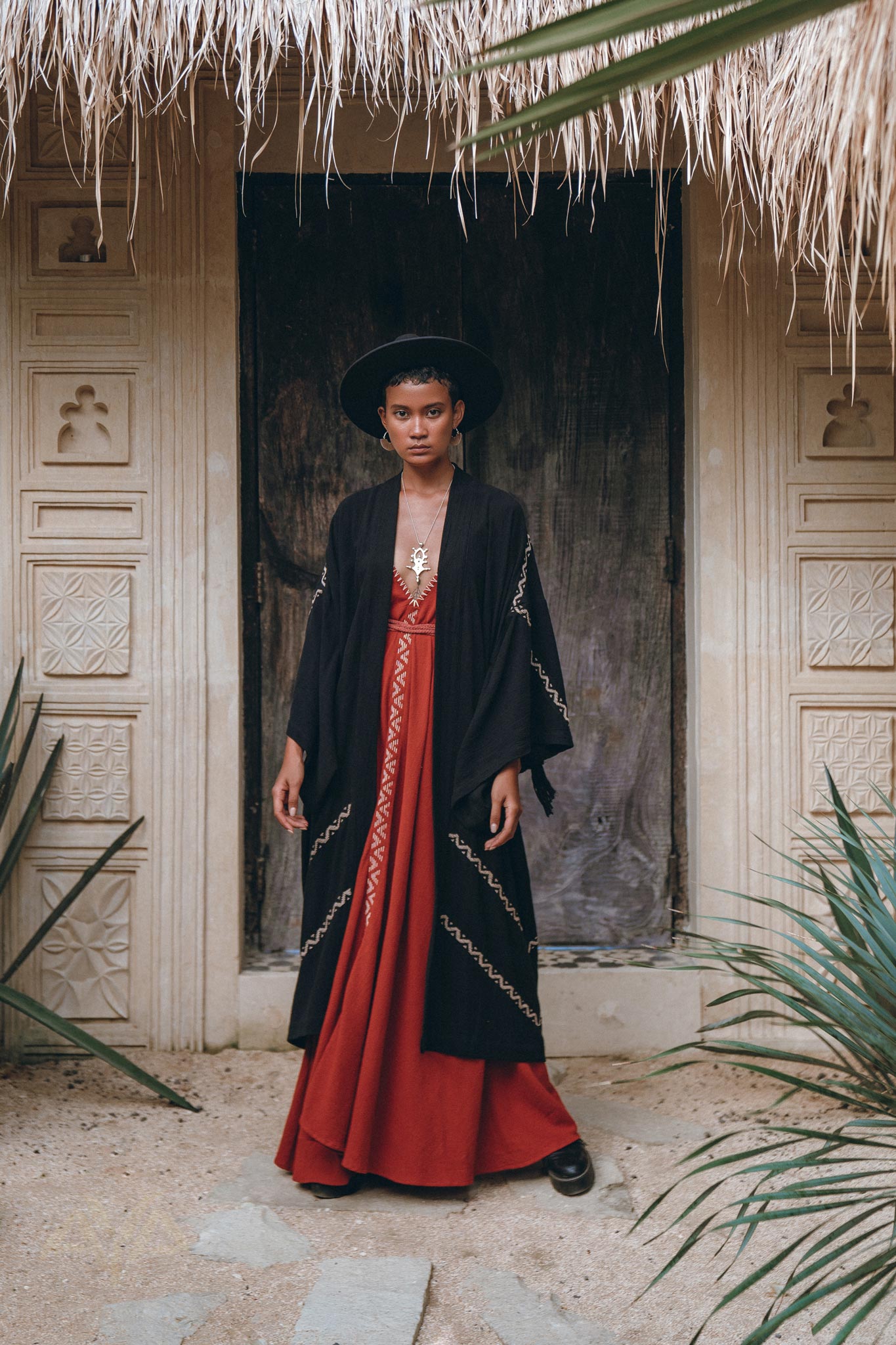 Black Organic Poncho • Tribal Cotton Robe • Hand Embroidered Overcoat - AYA Sacred Wear