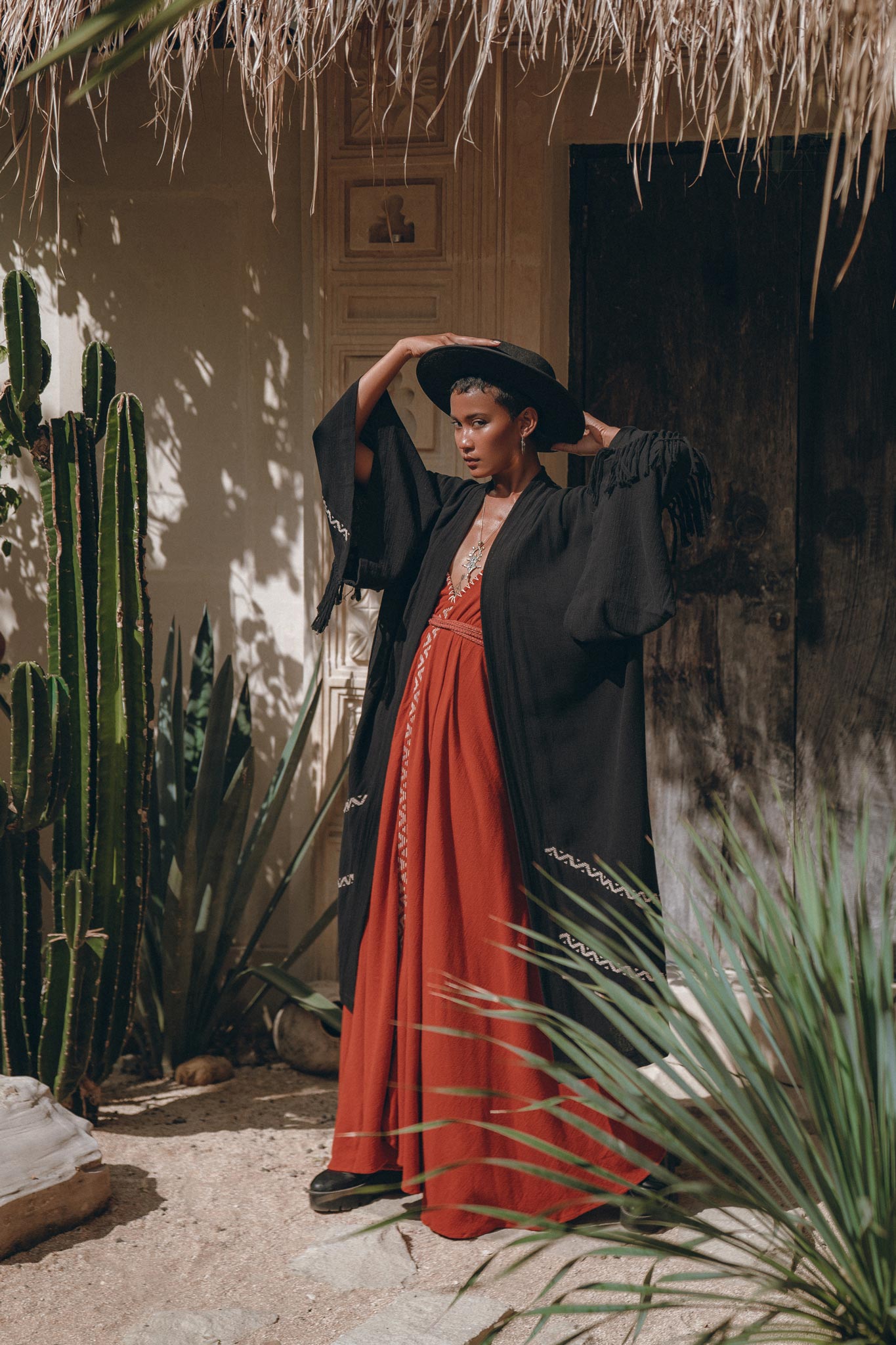 Black Organic Poncho • Tribal Cotton Robe • Hand Embroidered Overcoat - AYA Sacred Wear