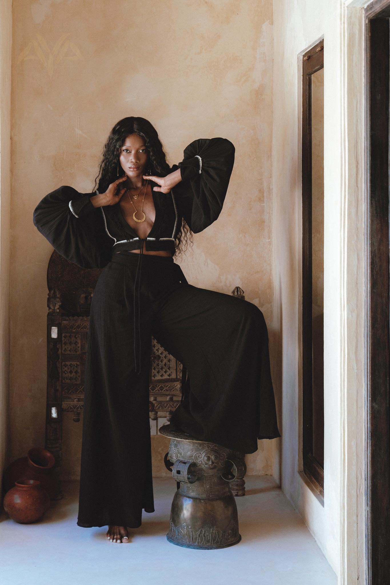 Black Puff Sleeves Top • Bohemian Adjustable Blouse • Boho Tassels Crop Top - AYA Sacred Wear