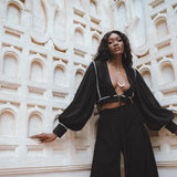 Black Puff Sleeves Top • Bohemian Adjustable Blouse • Boho Tassels Crop Top - AYA Sacred Wear