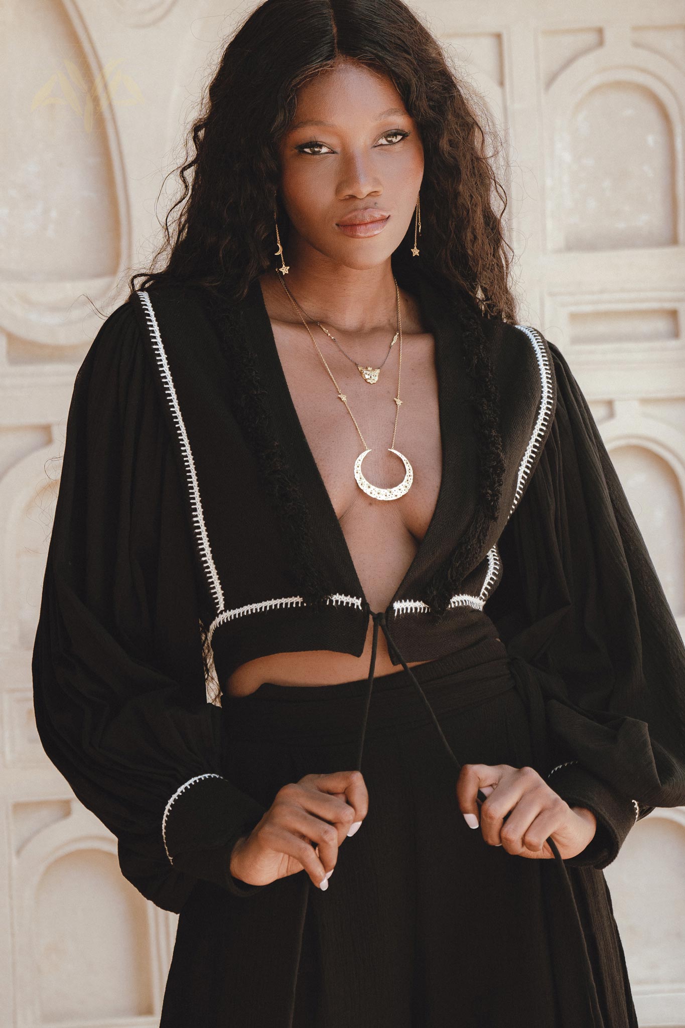 Black Puff Sleeves Top • Bohemian Adjustable Blouse • Boho Tassels Crop Top - AYA Sacred Wear