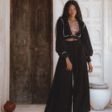 Black Puff Sleeves Top • Bohemian Adjustable Blouse • Boho Tassels Crop Top - AYA Sacred Wear