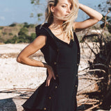 Black Slit Dress with Open Back, Simple Black Wedding Dress High Low Hem - AYA Sacred Wear