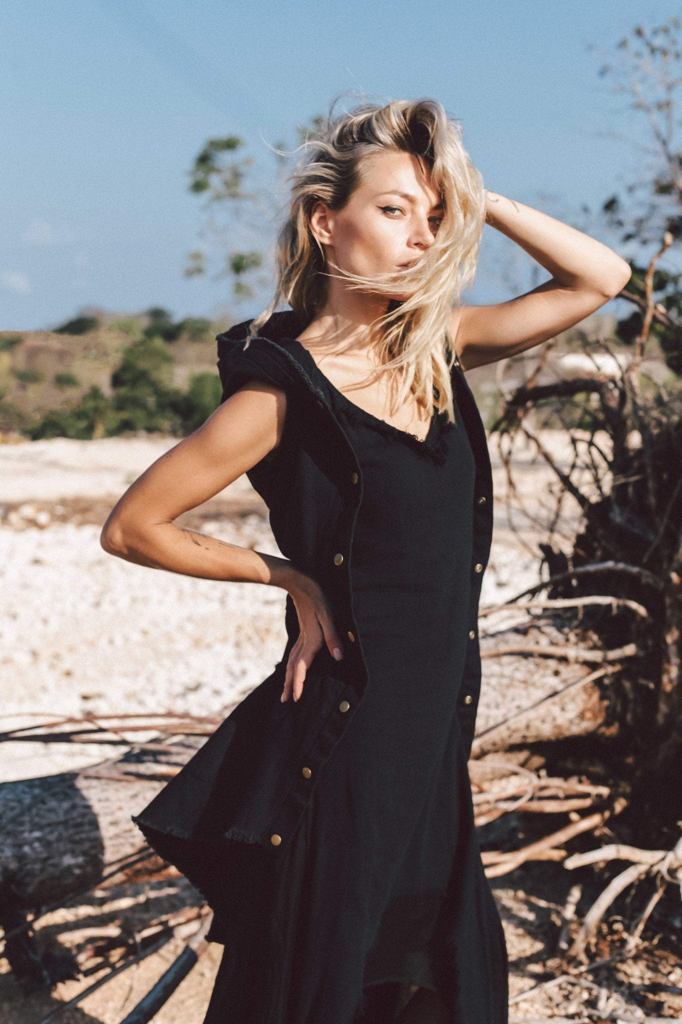 Black Slit Dress with Open Back, Simple Black Wedding Dress High Low Hem - AYA Sacred Wear