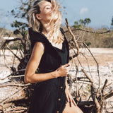 Black Slit Dress with Open Back, Simple Black Wedding Dress High Low Hem - AYA Sacred Wear