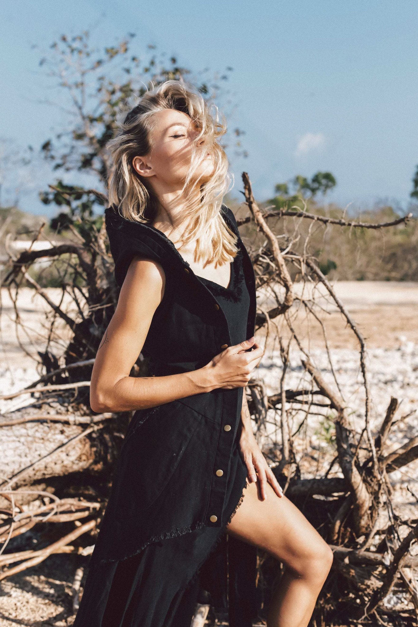 Black Slit Dress with Open Back, Simple Black Wedding Dress High Low Hem - AYA Sacred Wear