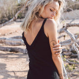 Black Slit Dress with Open Back, Simple Black Wedding Dress High Low Hem - AYA Sacred Wear
