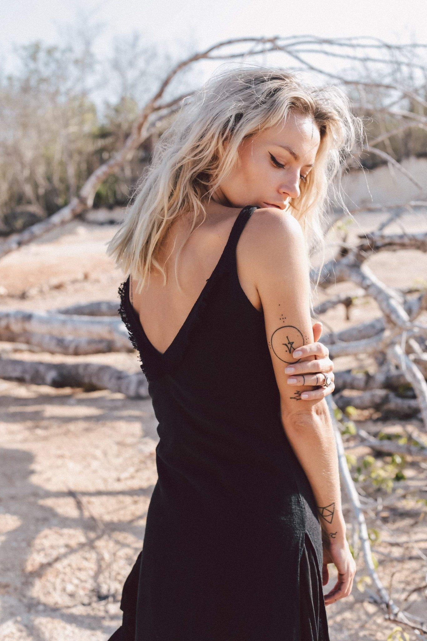 Black Slit Dress with Open Back, Simple Black Wedding Dress High Low Hem - AYA Sacred Wear