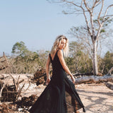 Black Slit Dress with Open Back, Simple Black Wedding Dress High Low Hem - AYA Sacred Wear