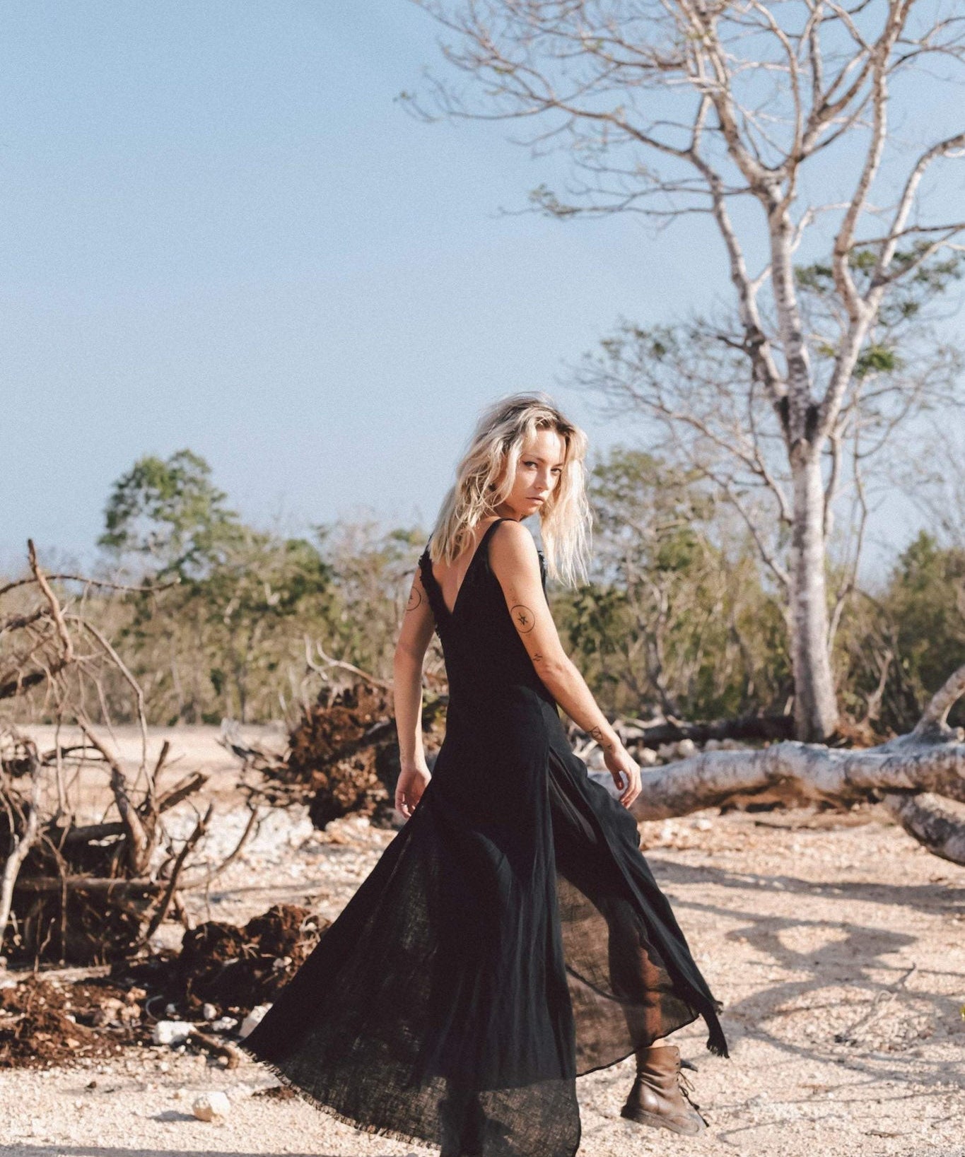 Black Slit Dress with Open Back, Simple Black Wedding Dress High Low Hem - AYA Sacred Wear