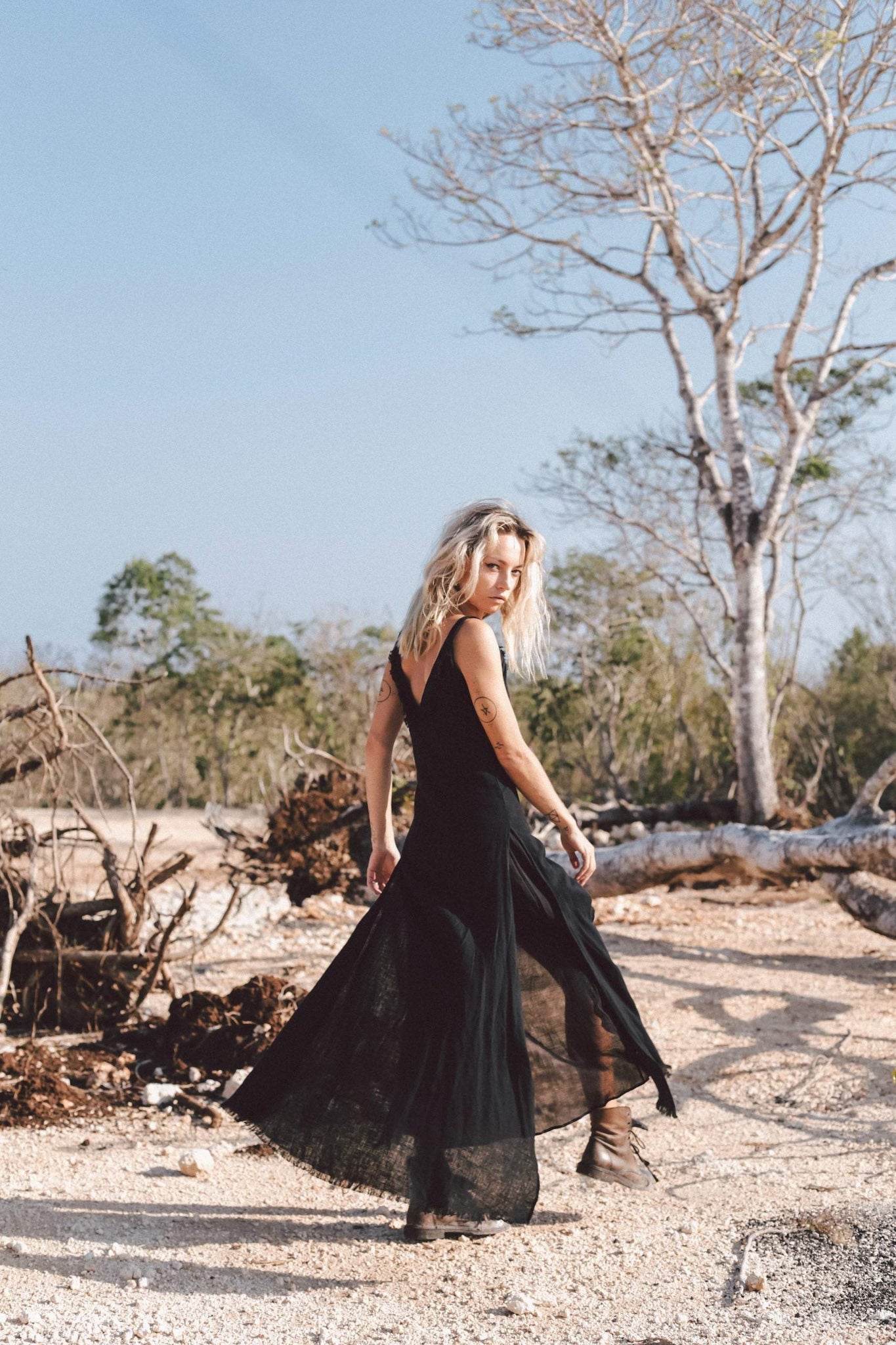 Black Slit Dress with Open Back, Simple Black Wedding Dress High Low Hem - AYA Sacred Wear