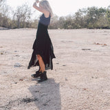 Black Slit Dress with Open Back, Simple Black Wedding Dress High Low Hem - AYA Sacred Wear