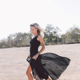 Black Slit Dress with Open Back, Simple Black Wedding Dress High Low Hem - AYA Sacred Wear
