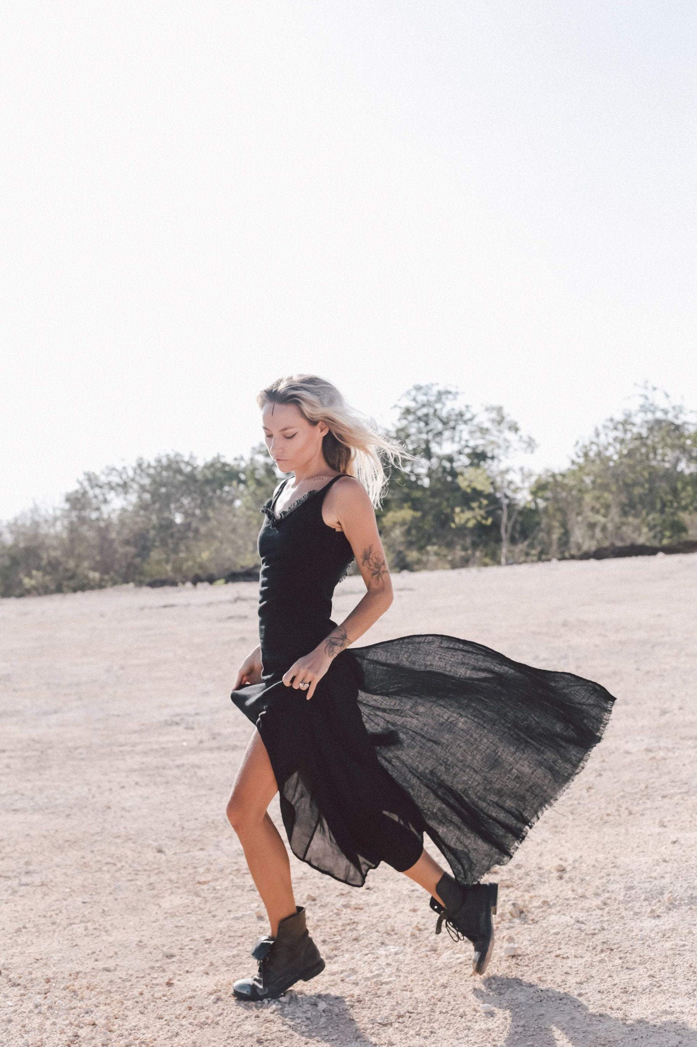 Black Slit Dress with Open Back, Simple Black Wedding Dress High Low Hem - AYA Sacred Wear