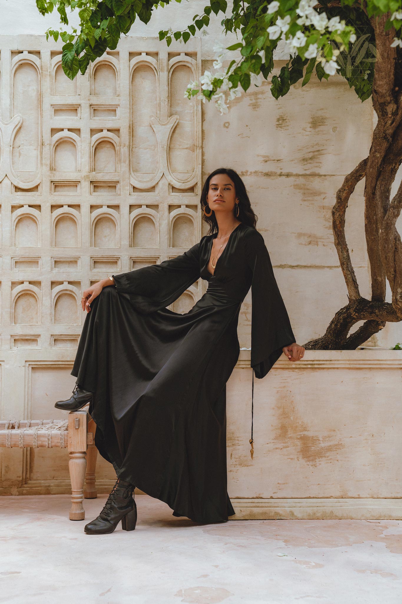 Black Sundari Goddess Silk Gown • Bridesmaid Wedding Dress • Bohemian Silk Maxi Dress - AYA Sacred Wear