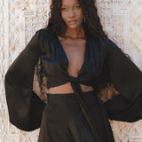 Black Venus Peace Silk Blouse • Elegant Goddess Sleeves Crop Top • Adjustable Wrap Top - AYA Sacred Wear