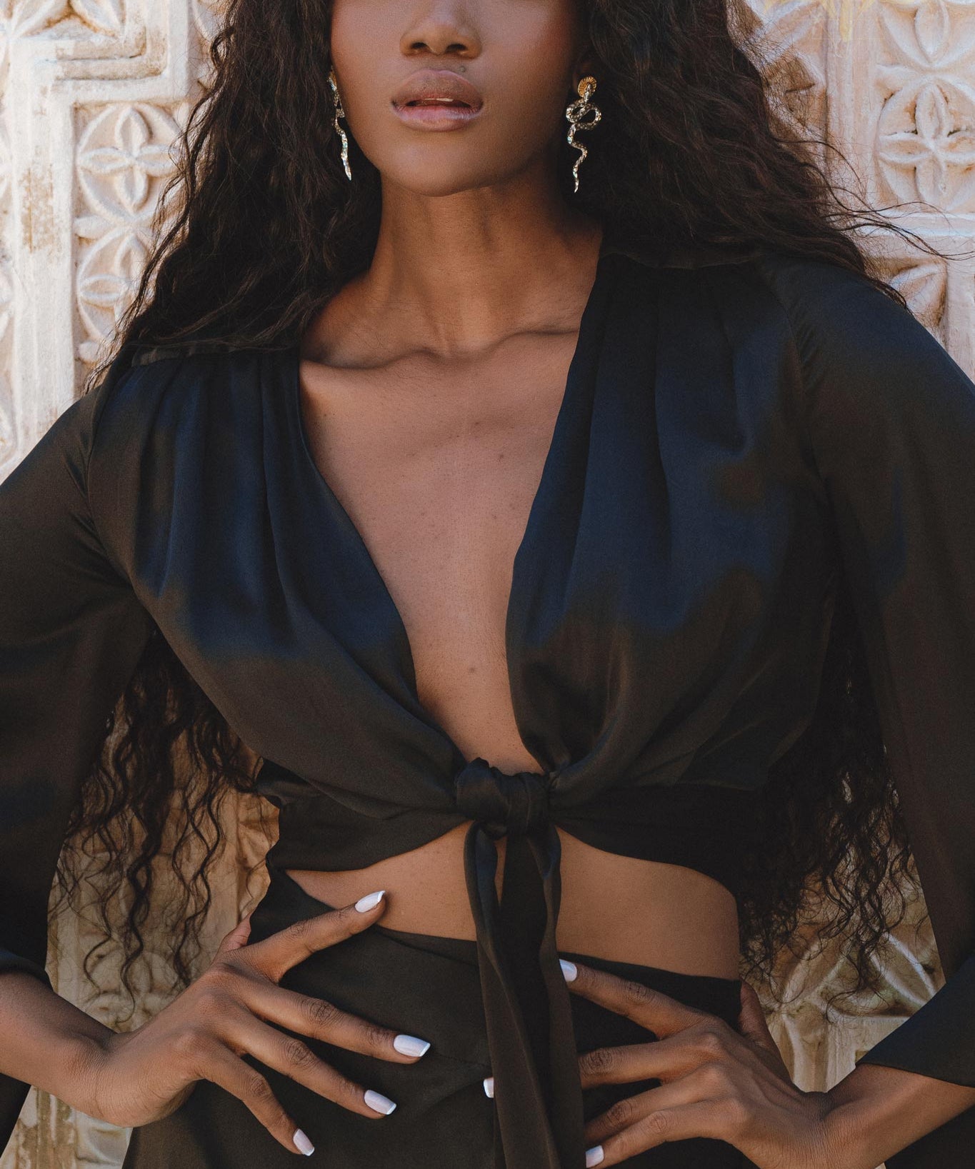 Black Venus Peace Silk Blouse • Elegant Goddess Sleeves Crop Top • Adjustable Wrap Top - AYA Sacred Wear